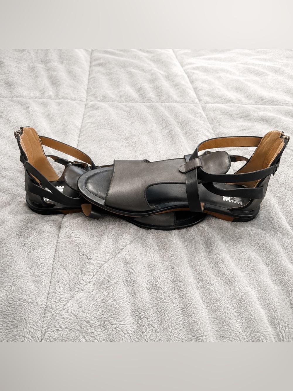 Black & Gray Leather Strappy Sandals